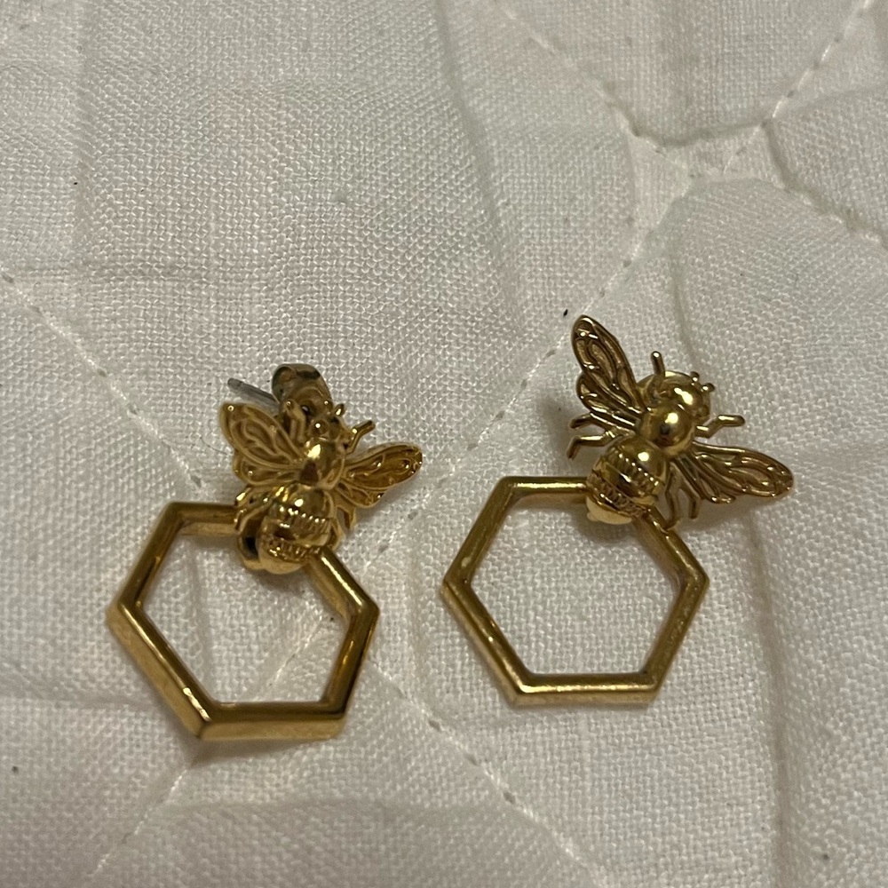 Gold Bee Hexagon Drop Earrings - Women Jewelry